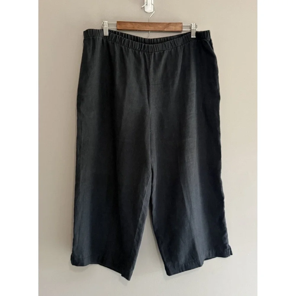 Tahari 100% Linen Pants Wide Leg Black Crop Pull On Beach Lagenlook Classic - Picture 2 of 14